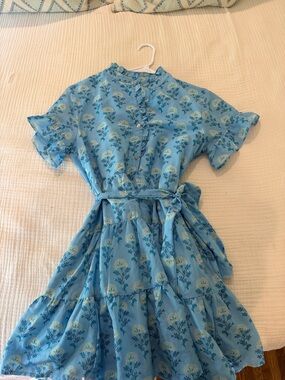 Light Blue Floral Tiered Dress with Self Tie Waist